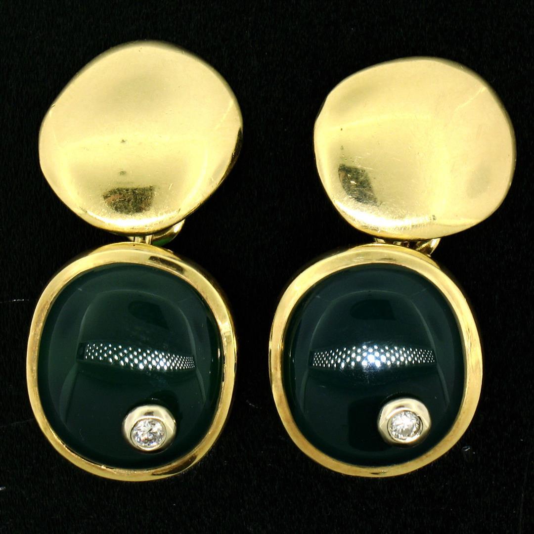 Manfredi 18k Yellow Gold Cabochon Green Chrysoprase & Diamond Men's Cuff Links