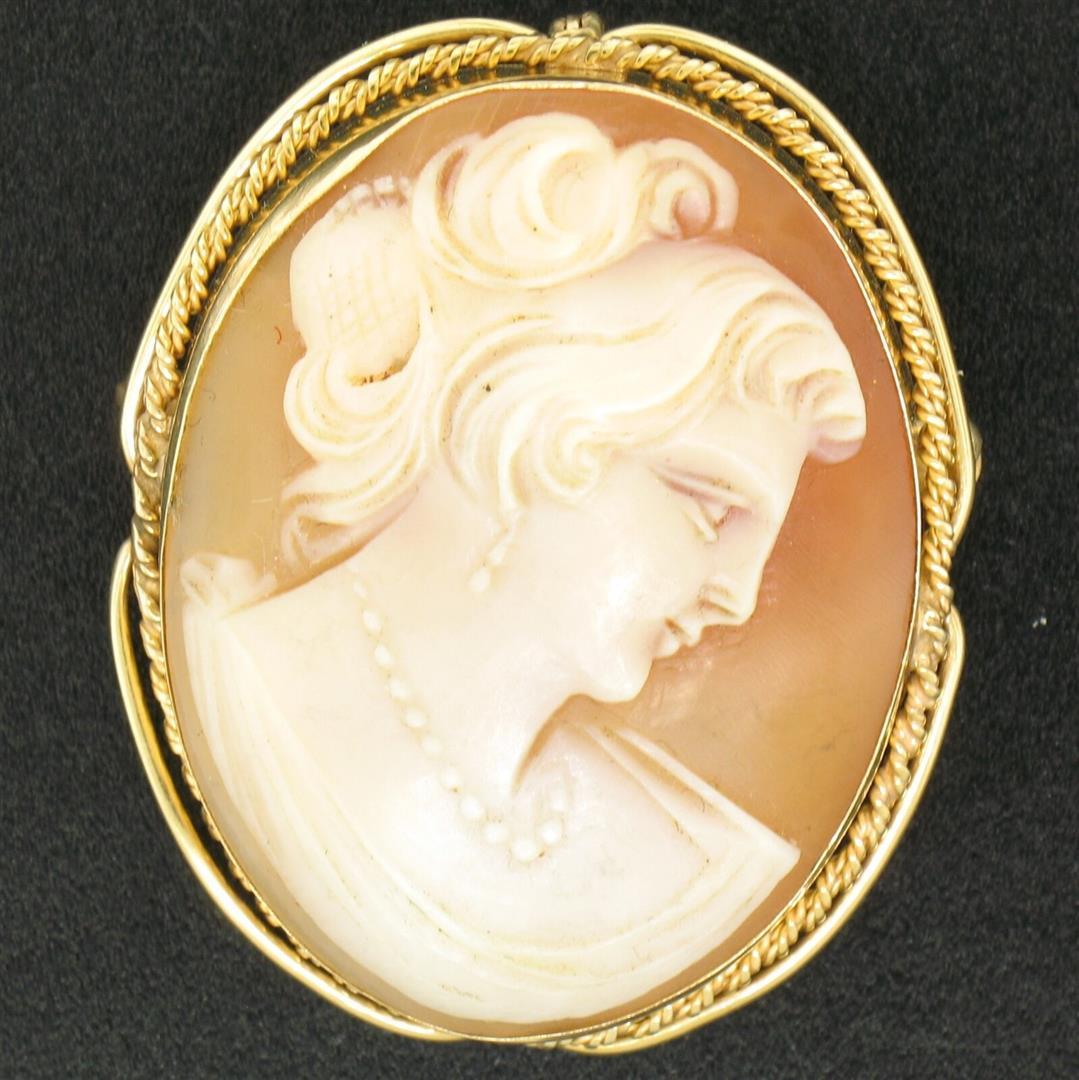 Vintage 14k Yellow Gold Twisted Wire Frame Carved Shell Cameo Brooch Pin Pendant