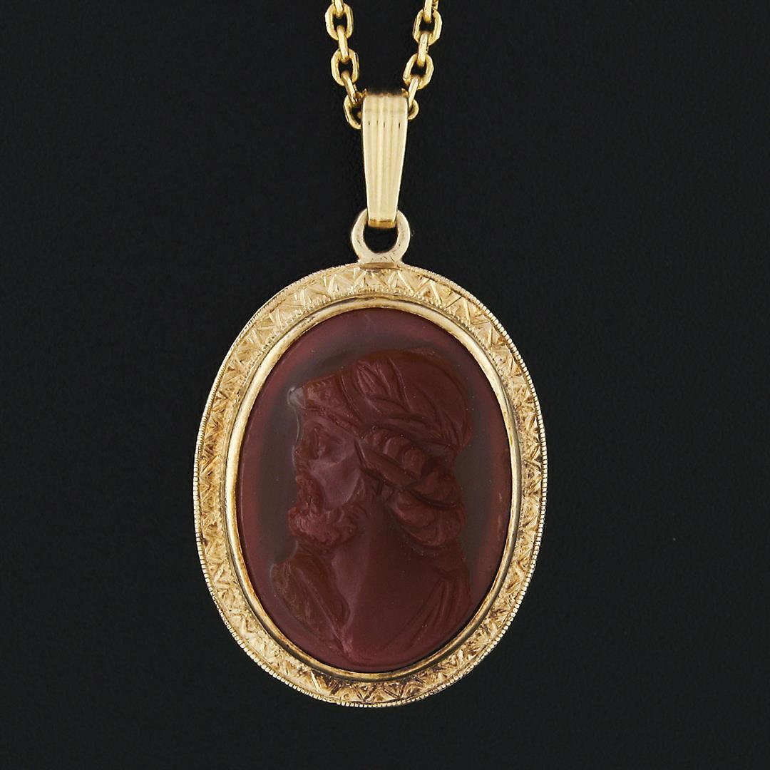 Antique 14K Gold Carved Carnelian Cameo Hand Engraved Frame Pendant 20" Necklace