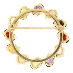 14k Yellow Gold 5.18 ctw Wreath Brooch w/ Amethyst Garnet Moonstone Peridot Opal