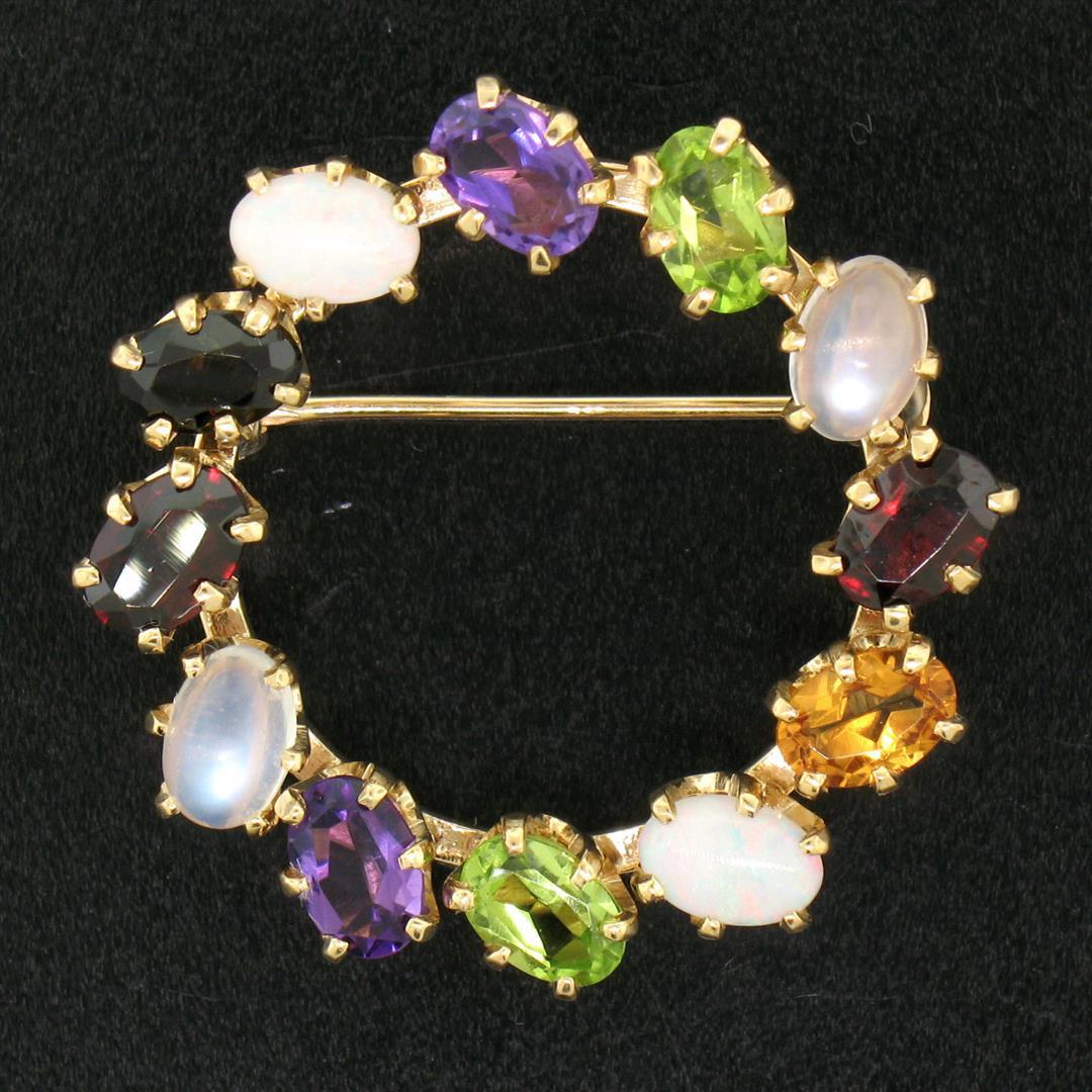 14k Yellow Gold 5.18 ctw Wreath Brooch w/ Amethyst Garnet Moonstone Peridot Opal