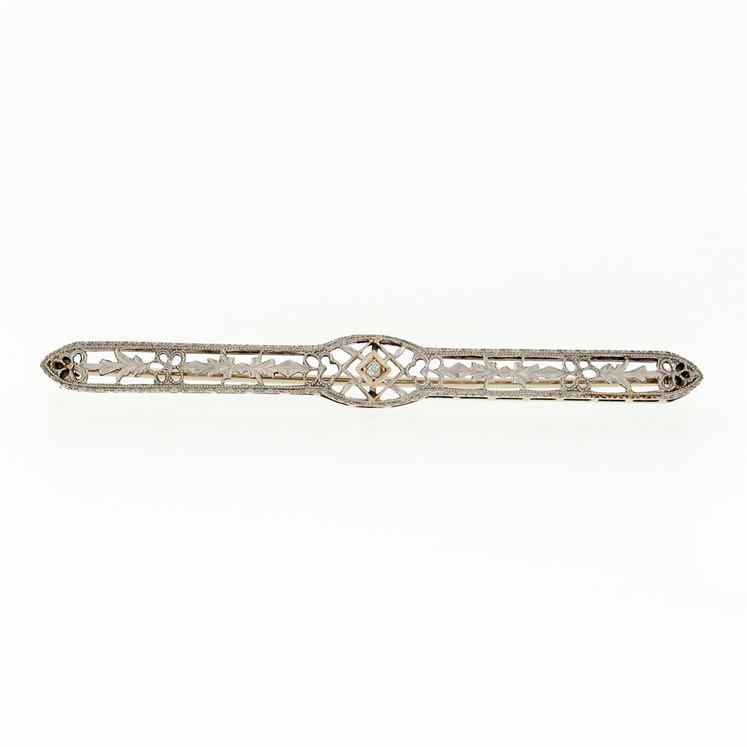 Antique Art Deco 14k White Gold Mine Cut Diamond Open Filigree Bar Pin Brooch