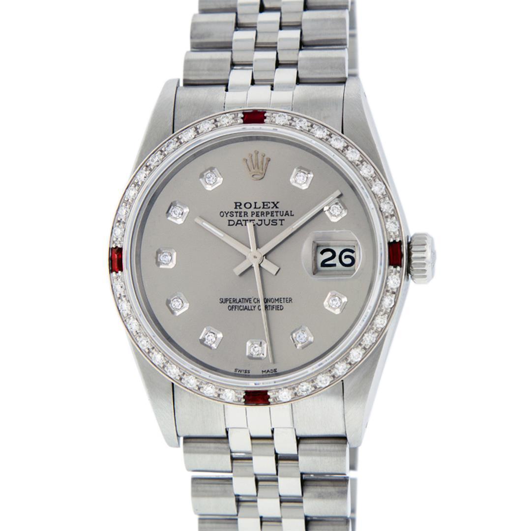 Rolex 36MM Stainless Steel Gray Diamond & White Gold Ruby Datejust Wristwatch