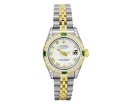 Rolex Ladies Quickset 2Tone 18K Diamond And Emerald Datejust Wristwatch With Rol