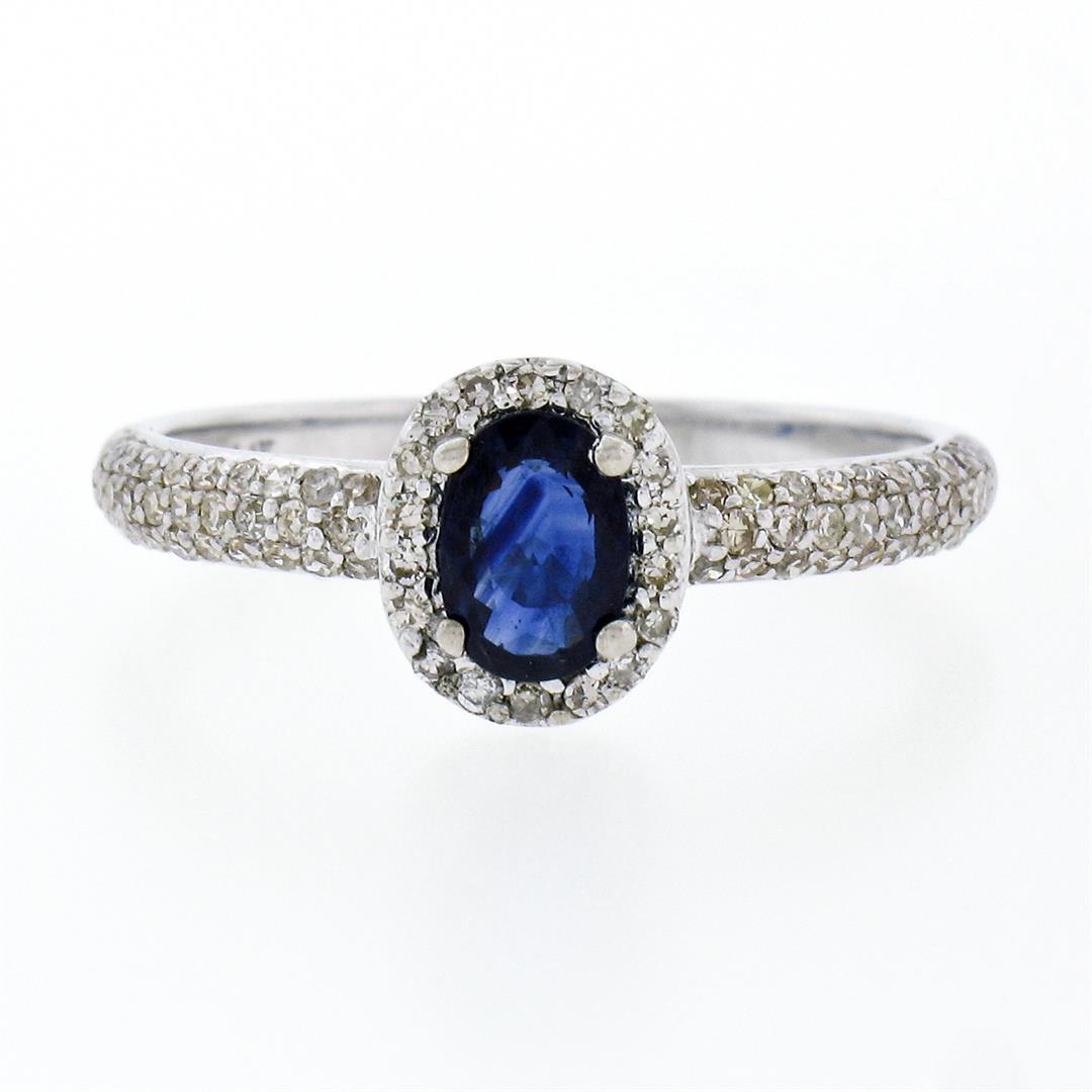 Petite 14K White Gold 1.05 ctw Oval Sapphire Solitaire & Diamond Halo Promise Ri