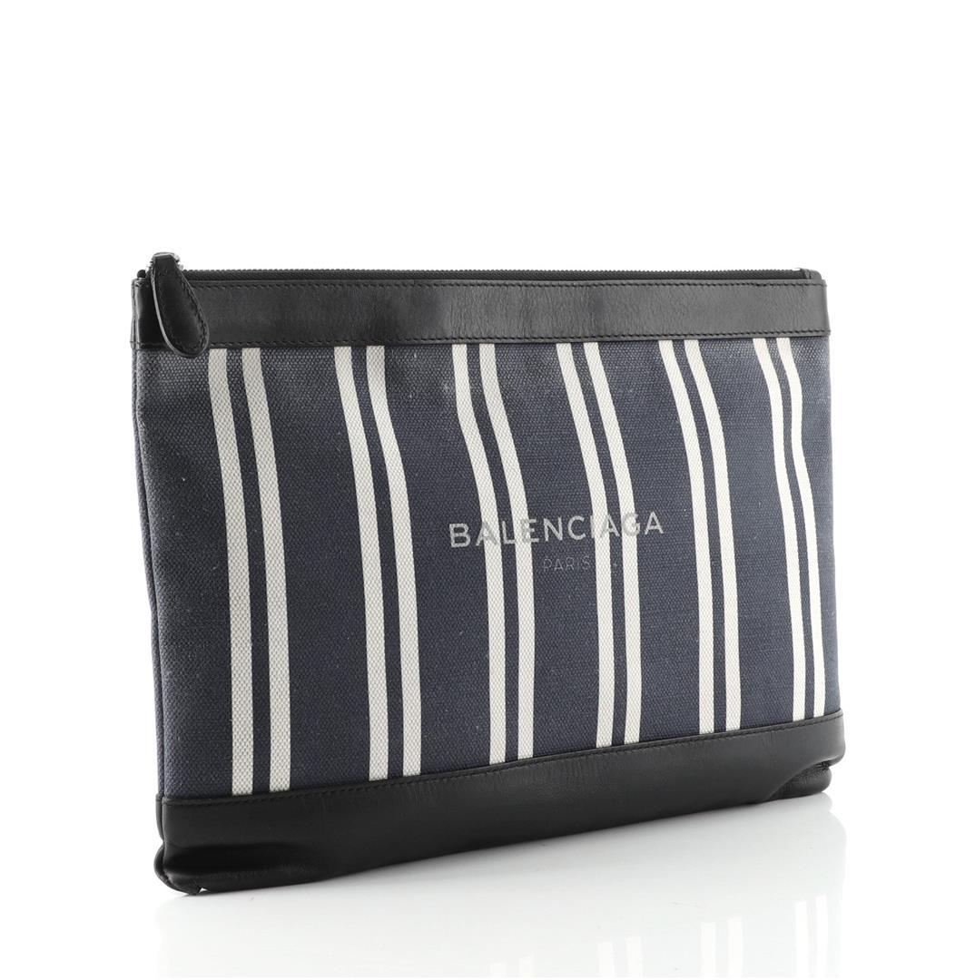 Balenciaga Navy Zip Pouch Striped Canvas and Leather Large Black, Blue, Neutral