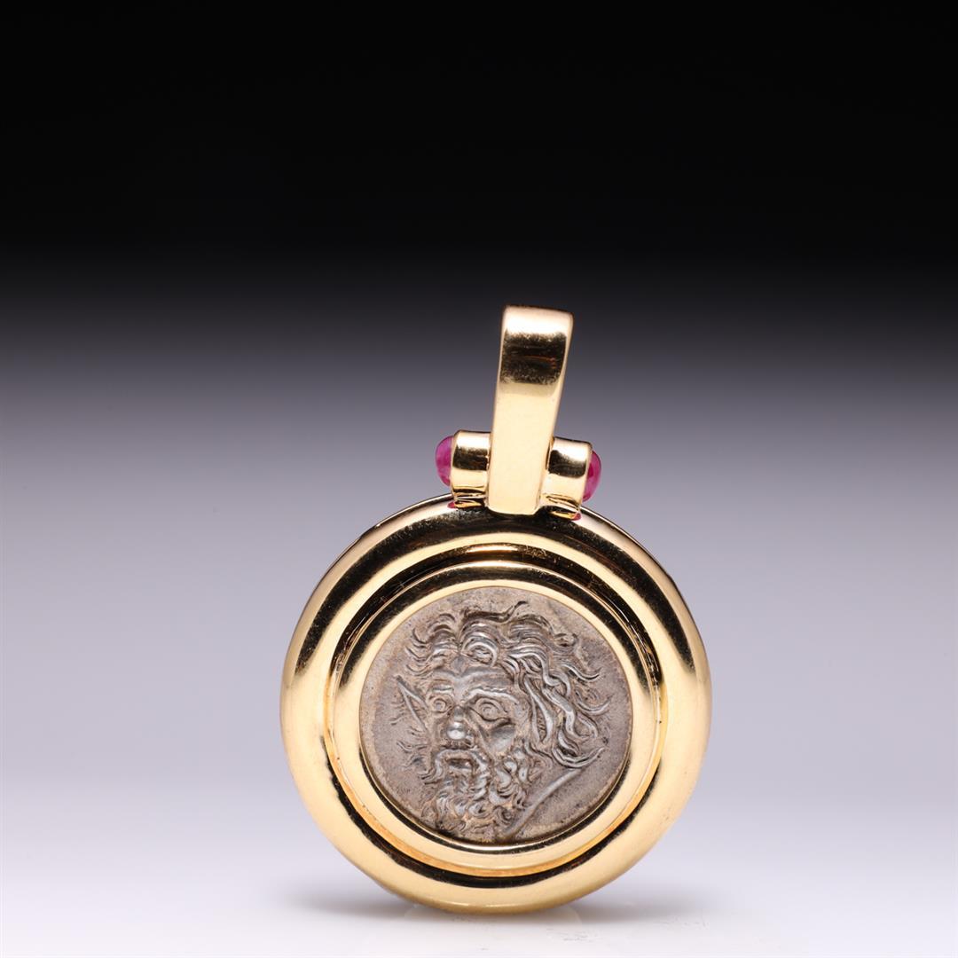 18K Yellow Gold Pendant With Rubies & Ancient Silver Greek Coin