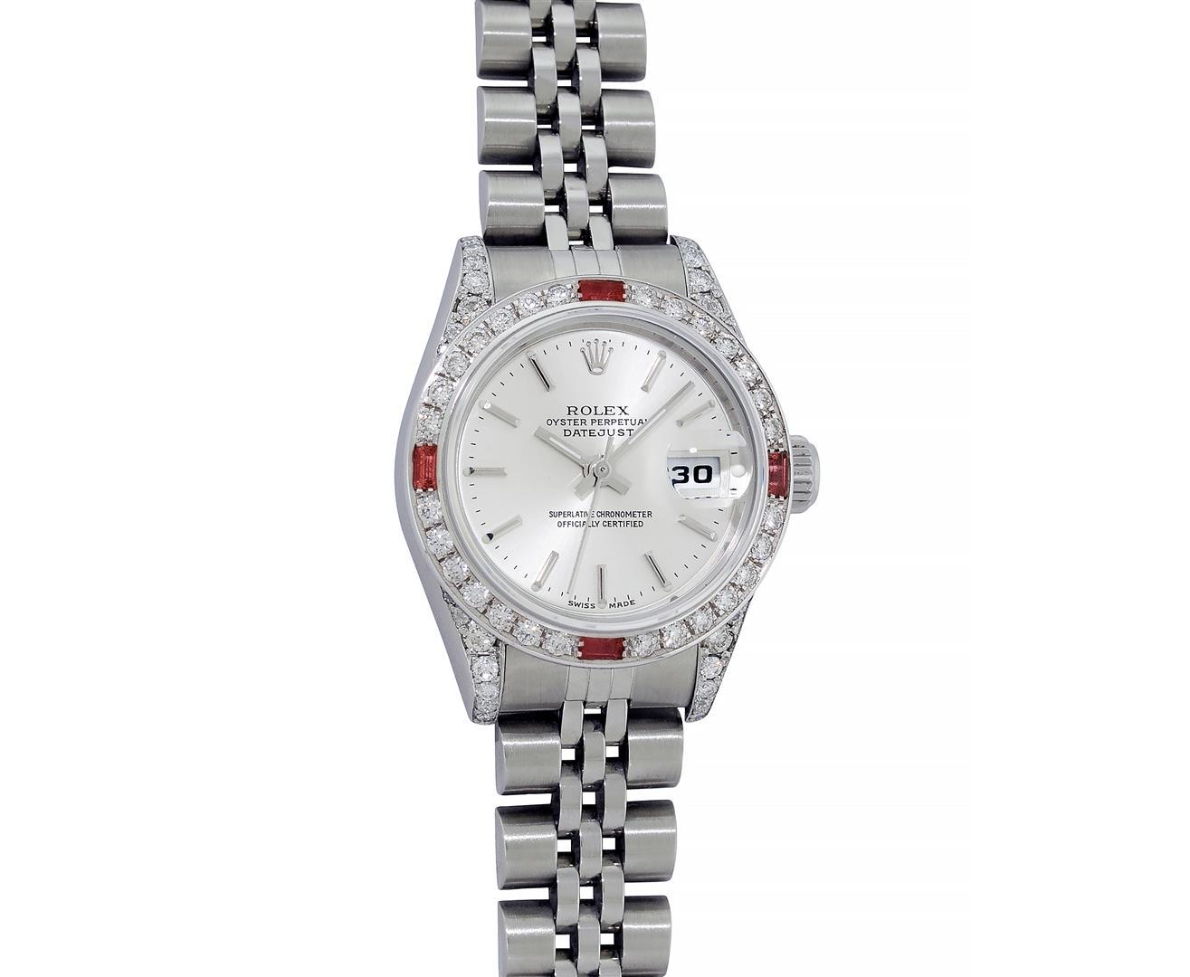 Rolex Ladies Quickset Stainless Steel Silver Index 18K White Gold Diamond & Ruby