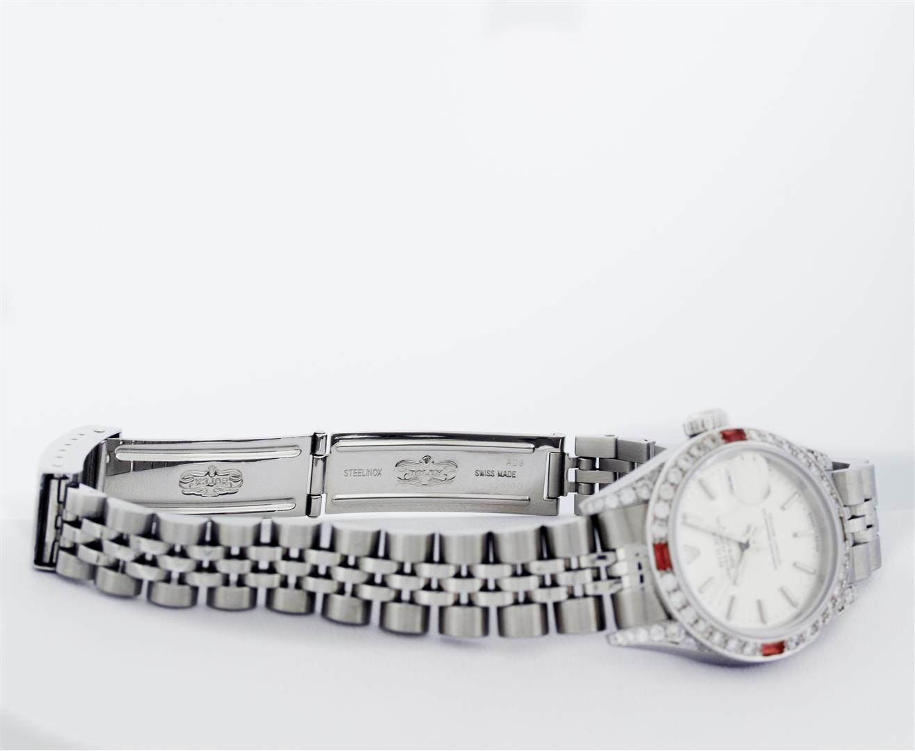 Rolex Ladies Quickset Stainless Steel Silver Index 18K White Gold Diamond & Ruby