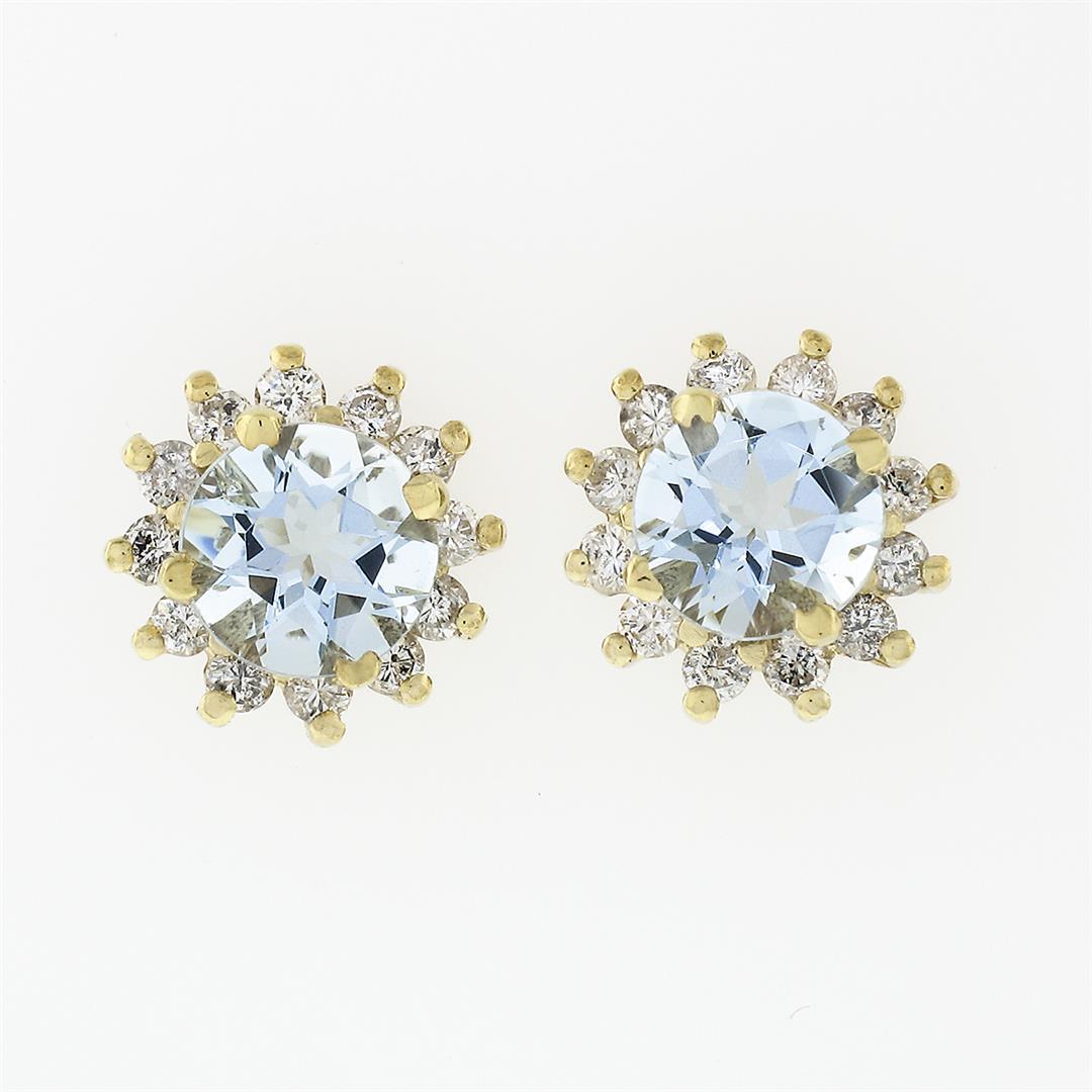 NEW 14k Yellow Gold 2.12 ctw Round Aquamarine Diamond Halo Cluster Stud Earrings