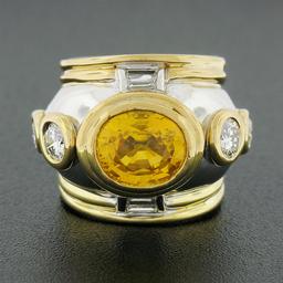 Vintage 18K TT Gold GIA Orange Yellow Bezel Sapphire & Diamond Unique Domed Ring