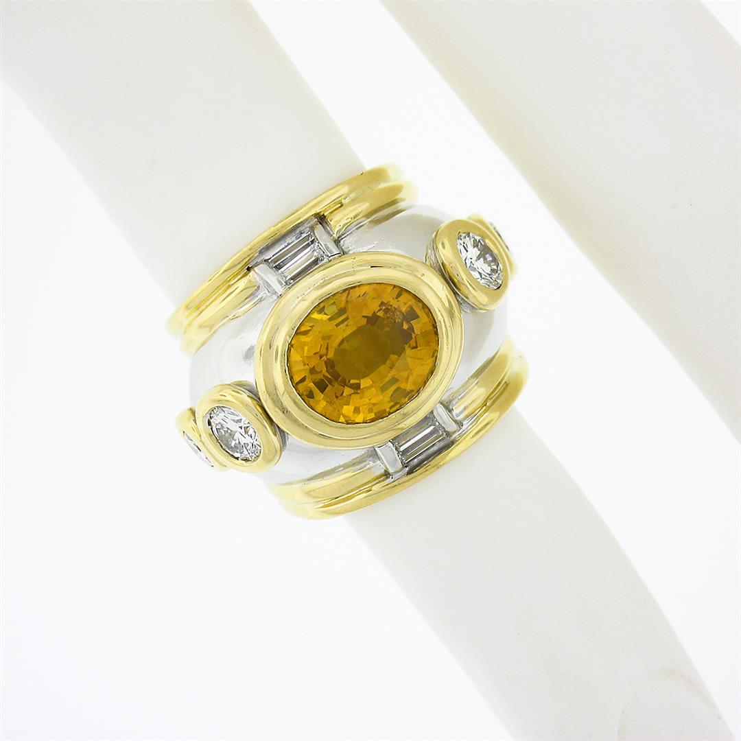 Vintage 18K TT Gold GIA Orange Yellow Bezel Sapphire & Diamond Unique Domed Ring