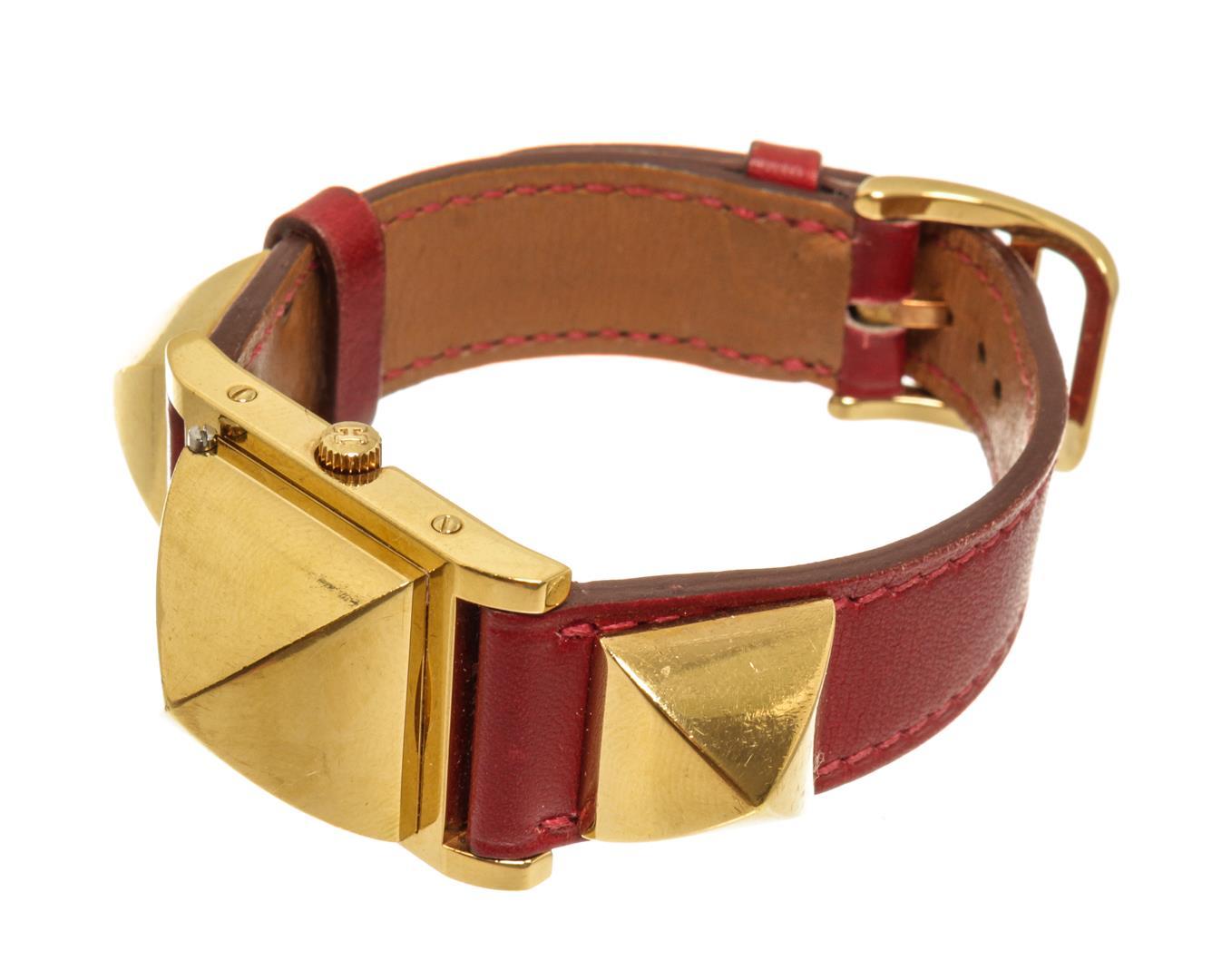 Hermes Red gold-Plated and Leather Medor Quartz 23mm Watch