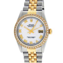 Rolex Mens 2T Yellow Gold And Steel White Roman Diamond Bezel Datejust Wristwatc