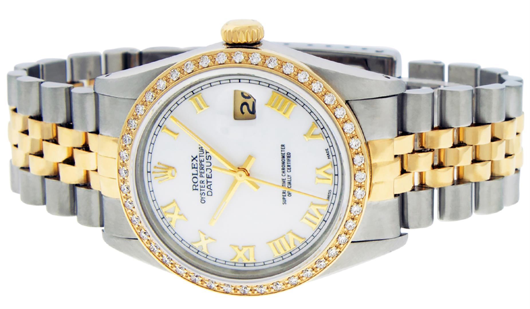 Rolex Mens 2T Yellow Gold And Steel White Roman Diamond Bezel Datejust Wristwatc