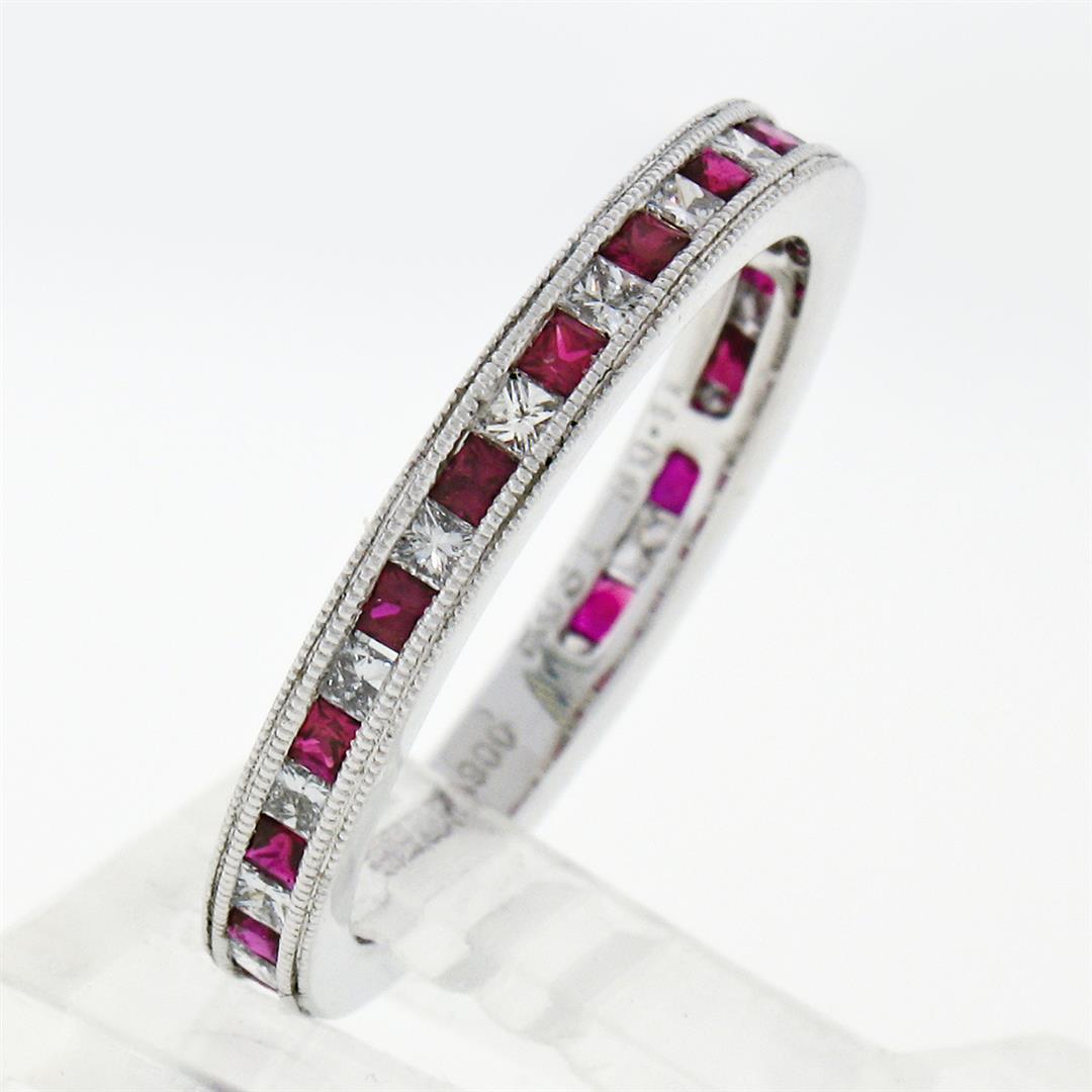 New .900 Platinum .92 ctw Calibre Ruby Diamond Double Milgrain Eternity Band Rin