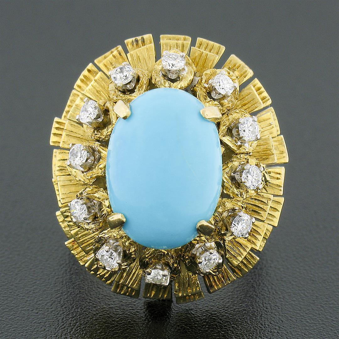 Vintage 14k Gold Cabochon Turquoise.36 ctw Diamond Textured Layered Cocktail Rin