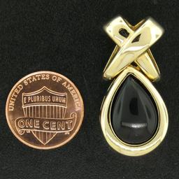 14k Solid Yellow Gold Pear Shaped Cabochon Bezel Black Onyx Teardrop "X" Pendant