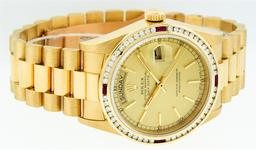 Rolex Mens Quickset 18K Yellow Gold Champagne Index Diamond And Ruby Bezel Presi