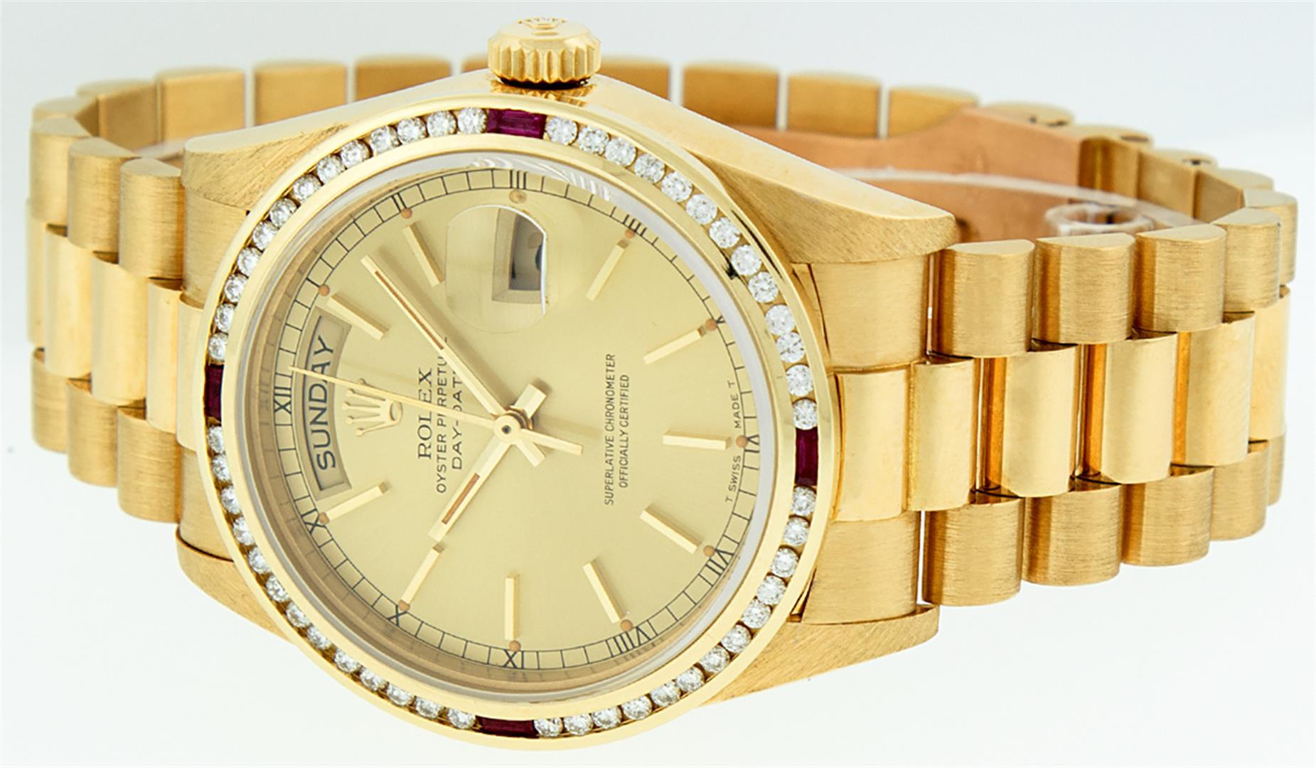 Rolex Mens Quickset 18K Yellow Gold Champagne Index Diamond And Ruby Bezel Presi