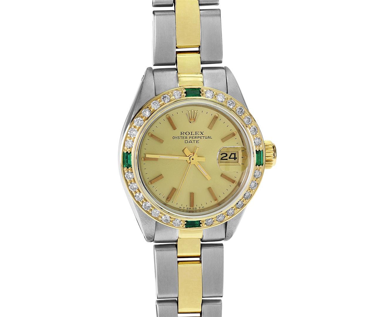 Rolex Ladies 2Tone 18K Yellow Gold Diamond And Emerald Bezel Date Watch With Rol