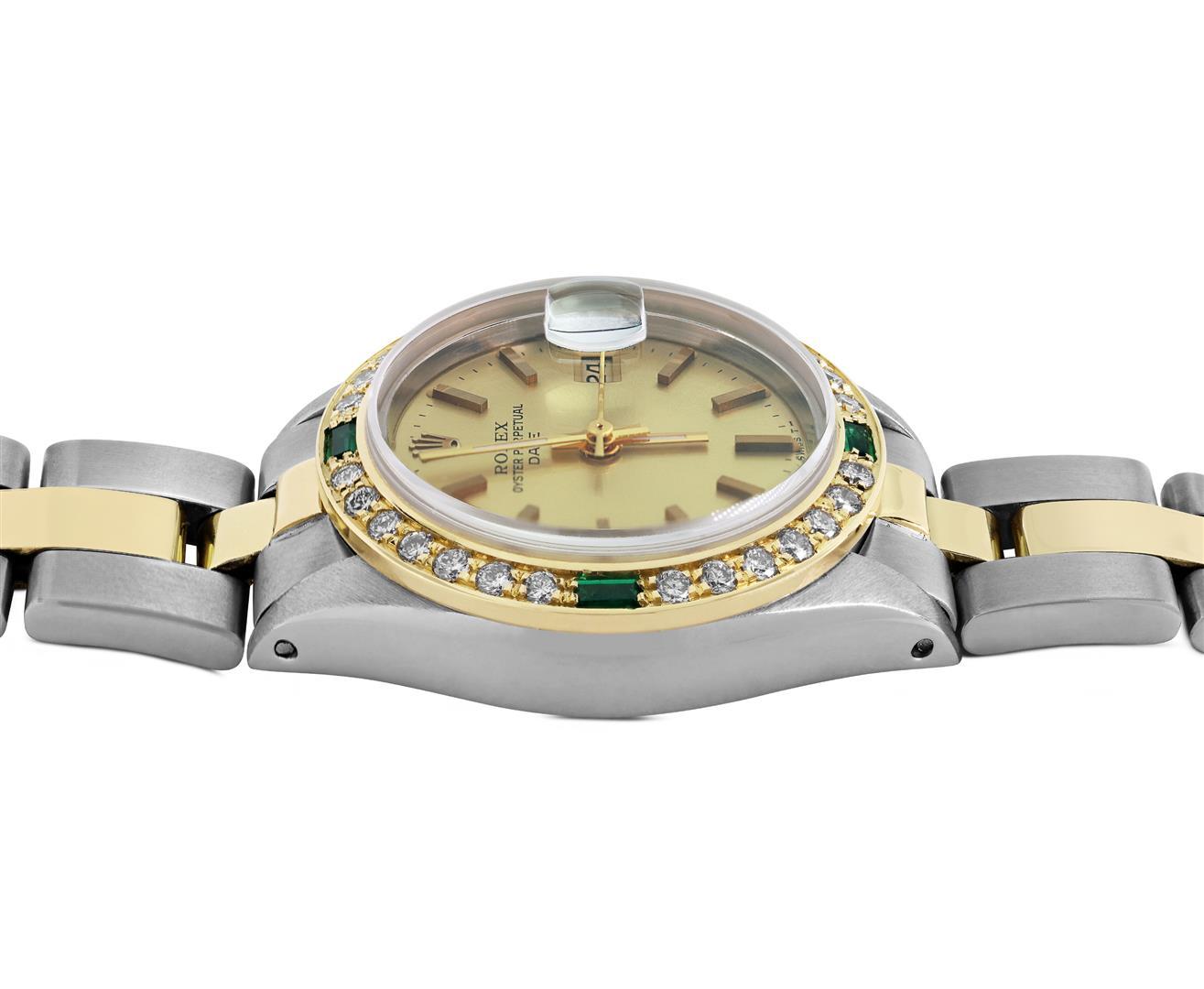 Rolex Ladies 2Tone 18K Yellow Gold Diamond And Emerald Bezel Date Watch With Rol