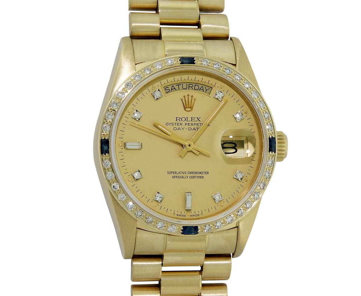 Rolex Mens Quickset 18K Yellow Gold Factory Champagne Diamond Dial Day Date Pres