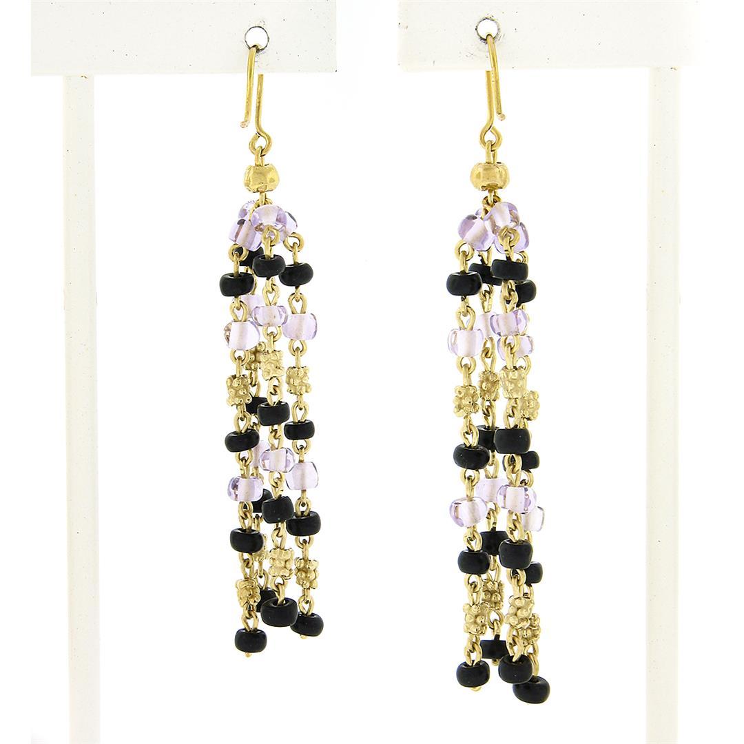 Vintage 18k Gold 4 Strand Amethyst Black Onyx Rondelle Bead Drop Dangle Earrings