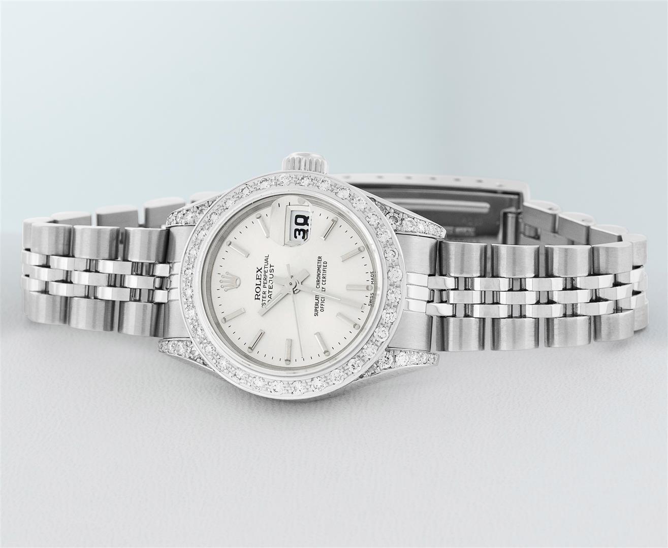 Rolex Ladies Quickset Stainless Steel Silver Index 18K White Gold Diamond Bezel