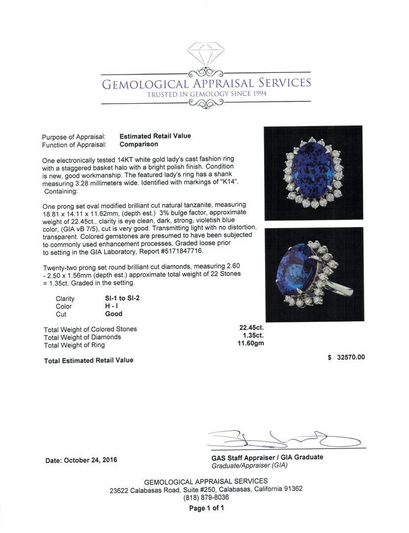 GIA Cert 22.45 ctw Tanzanite and Diamond Ring - 14KT White Gold