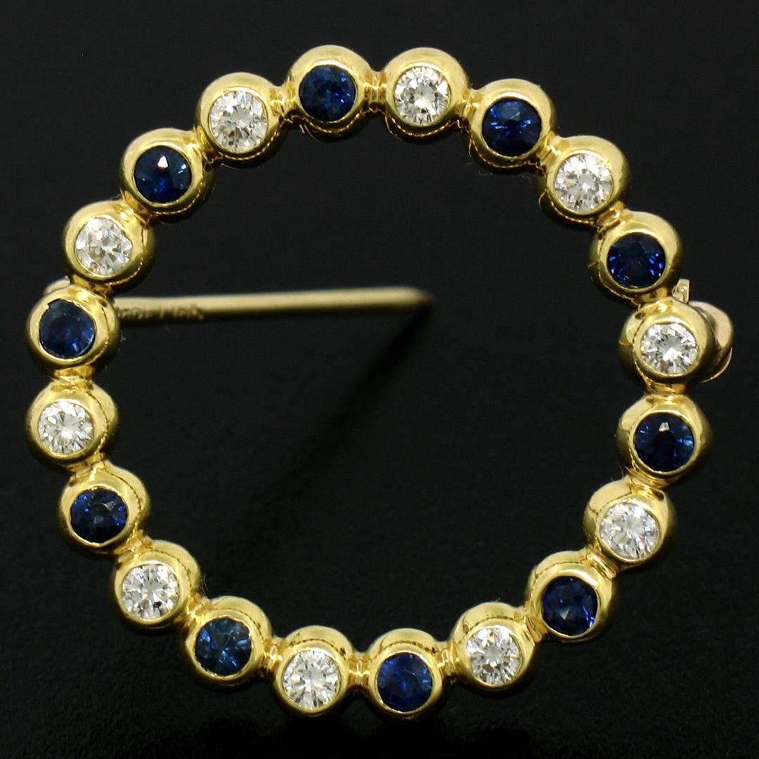 18k Yellow Gold.70 ctw Bezel Round Sapphire & Diamond Circle of Life Pin Brooch