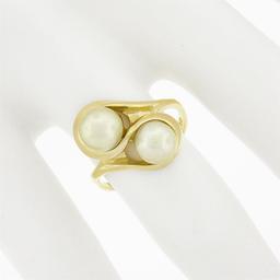 Solid 14k Yellow Gold Dual Round Cultured Pearl Polished Finish Bypass Ring