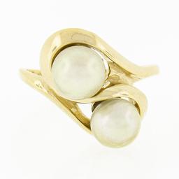 Solid 14k Yellow Gold Dual Round Cultured Pearl Polished Finish Bypass Ring