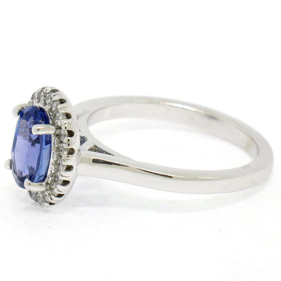 Petite 14k White Gold 1.58 ctw Violet Blue Oval Tanzanite Round Diamond Halo Rin