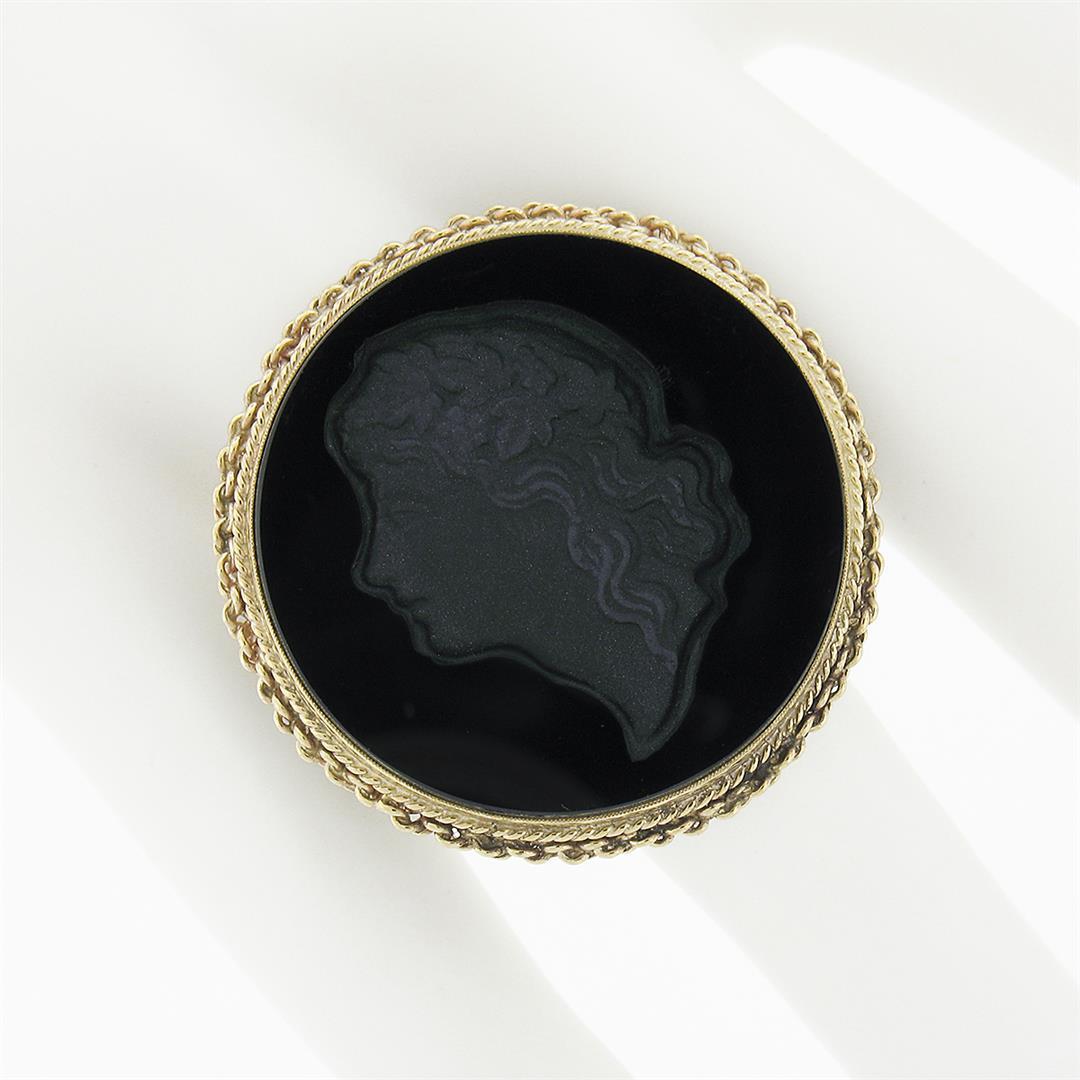 Vintage 14K Gold Large Black Onyx Matte Carved Cameo Intaglio Round Platter Ring