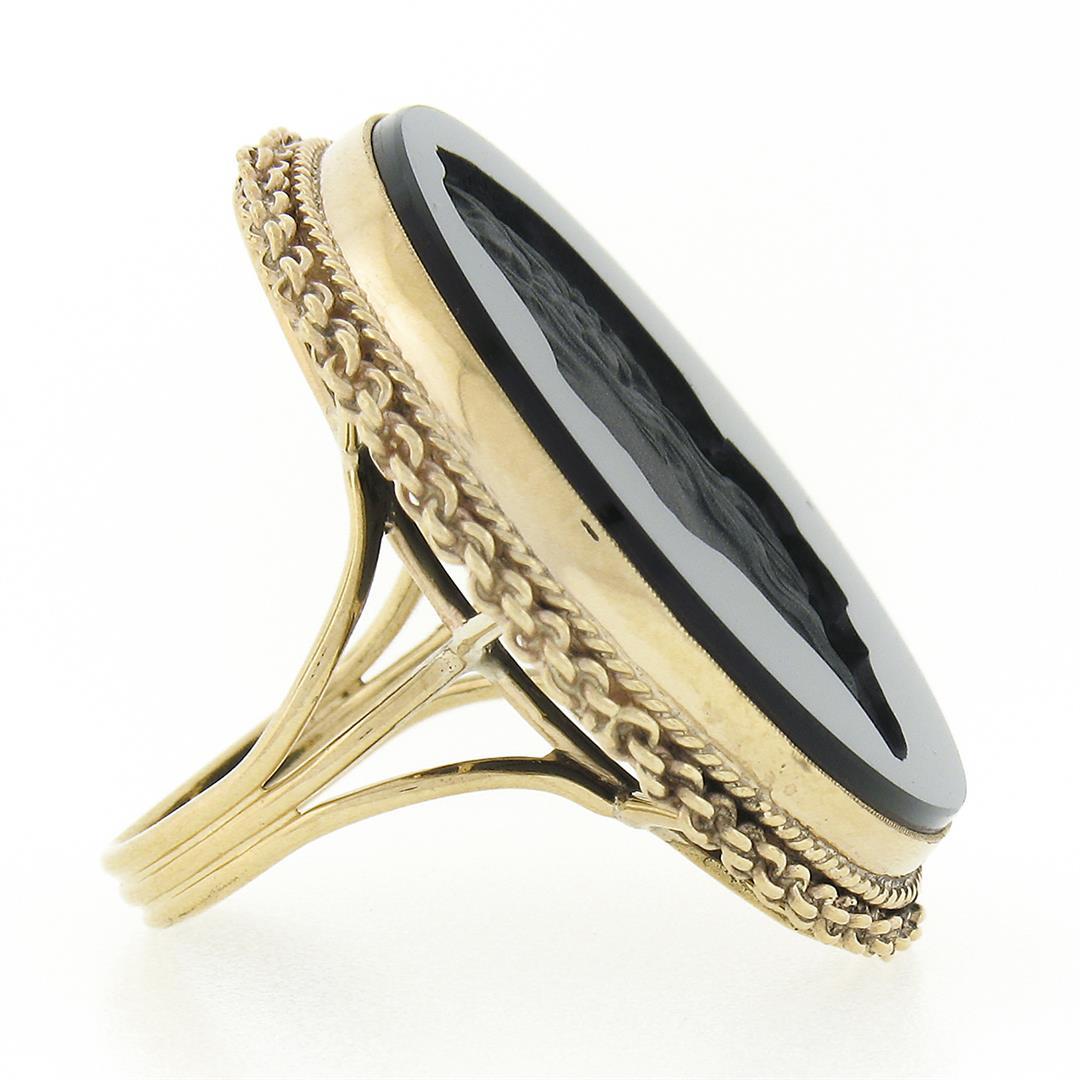 Vintage 14K Gold Large Black Onyx Matte Carved Cameo Intaglio Round Platter Ring