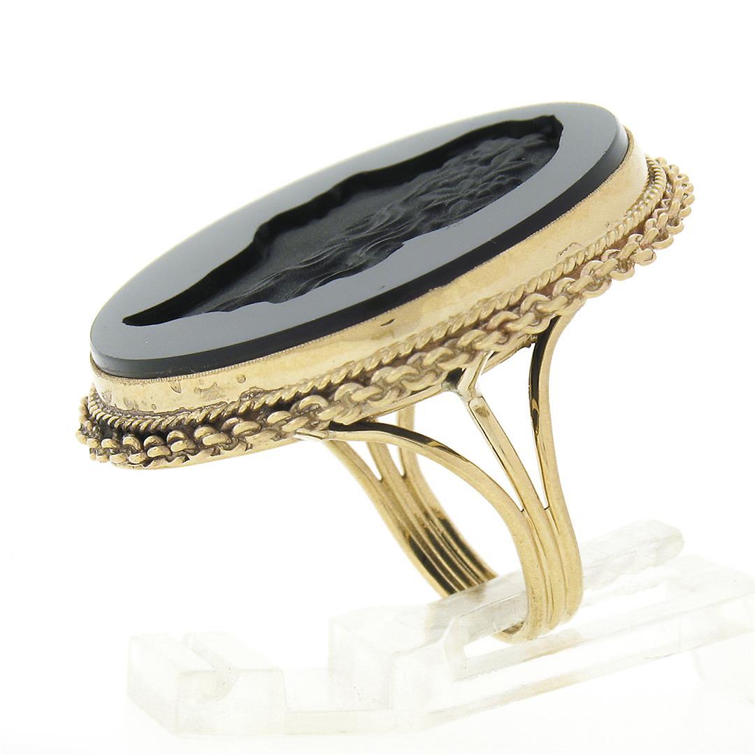 Vintage 14K Gold Large Black Onyx Matte Carved Cameo Intaglio Round Platter Ring