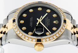 Rolex Mens Two Tone Black Diamond And Sapphire 36MM Datejust Wristwatch