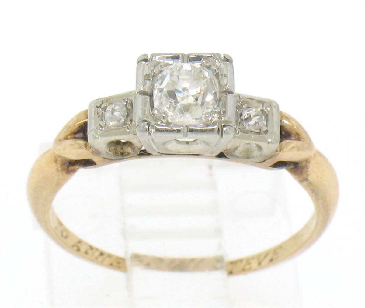 Antique Victorian 14k Two Tone Gold Cushion Old Mine Cut Diamonds 3 Stone Ring