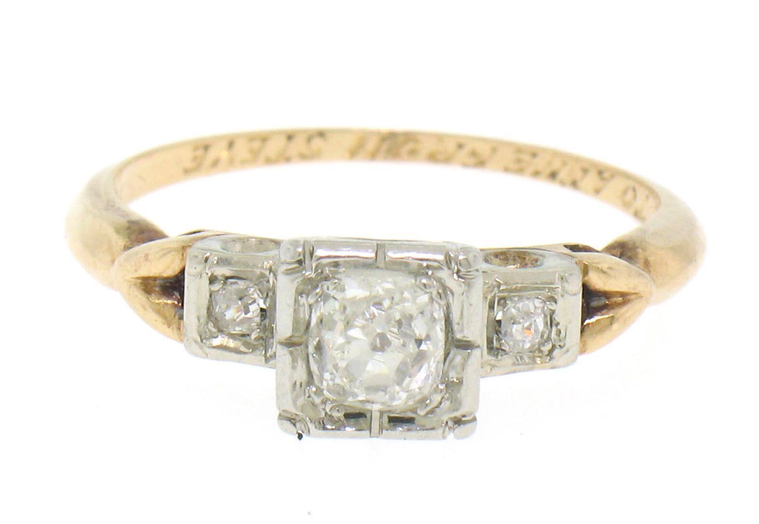 Antique Victorian 14k Two Tone Gold Cushion Old Mine Cut Diamonds 3 Stone Ring