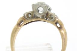 Antique Victorian 14k Two Tone Gold Cushion Old Mine Cut Diamonds 3 Stone Ring