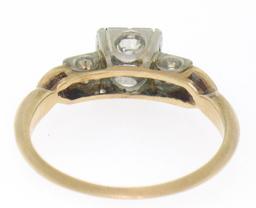 Antique Victorian 14k Two Tone Gold Cushion Old Mine Cut Diamonds 3 Stone Ring