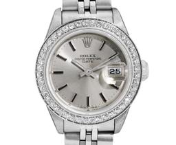 Rolex Ladies Quickset Stainless Steel Silver Index Diamond Bezel Date Watch