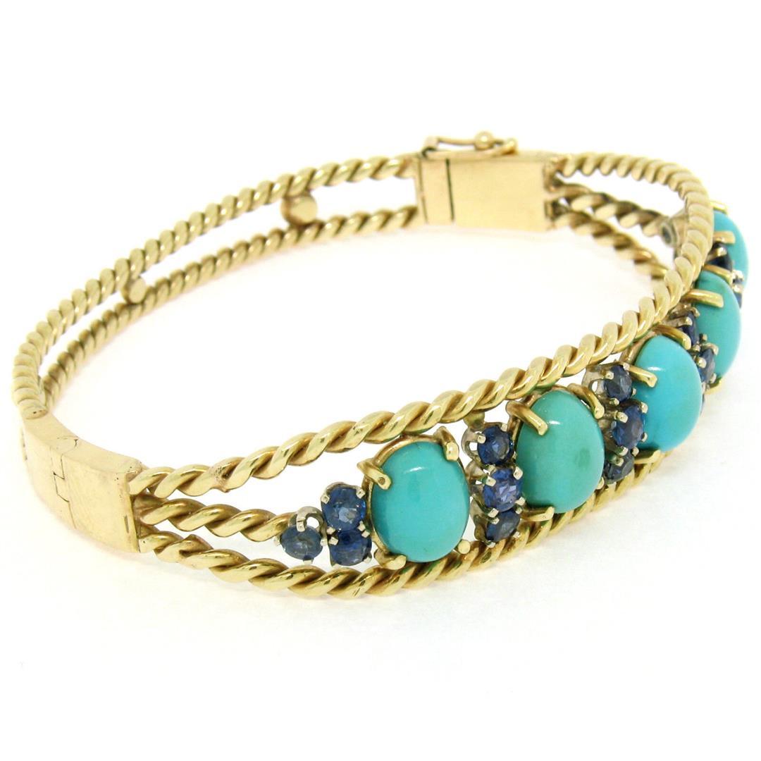 Vintage 14K Yellow Gold Sapphire & Turquoise Twisted Wire Open Bangle Bracelet