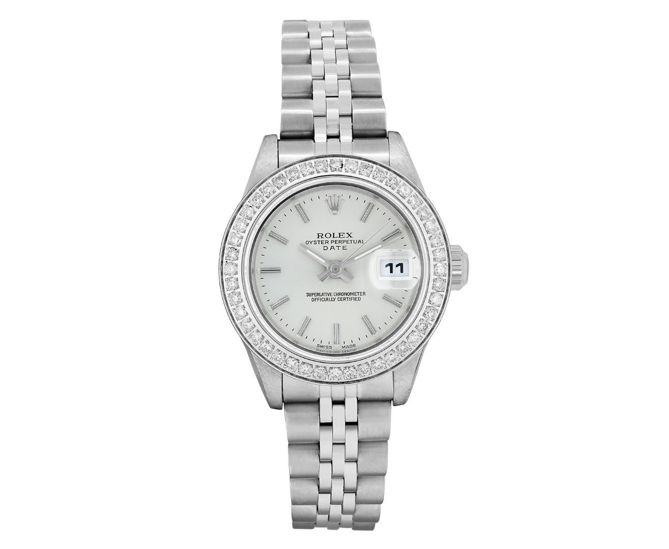 Rolex Ladies Quickset Sapphire Stainless Steel Silver Dial Diamond Bezel Date Wa