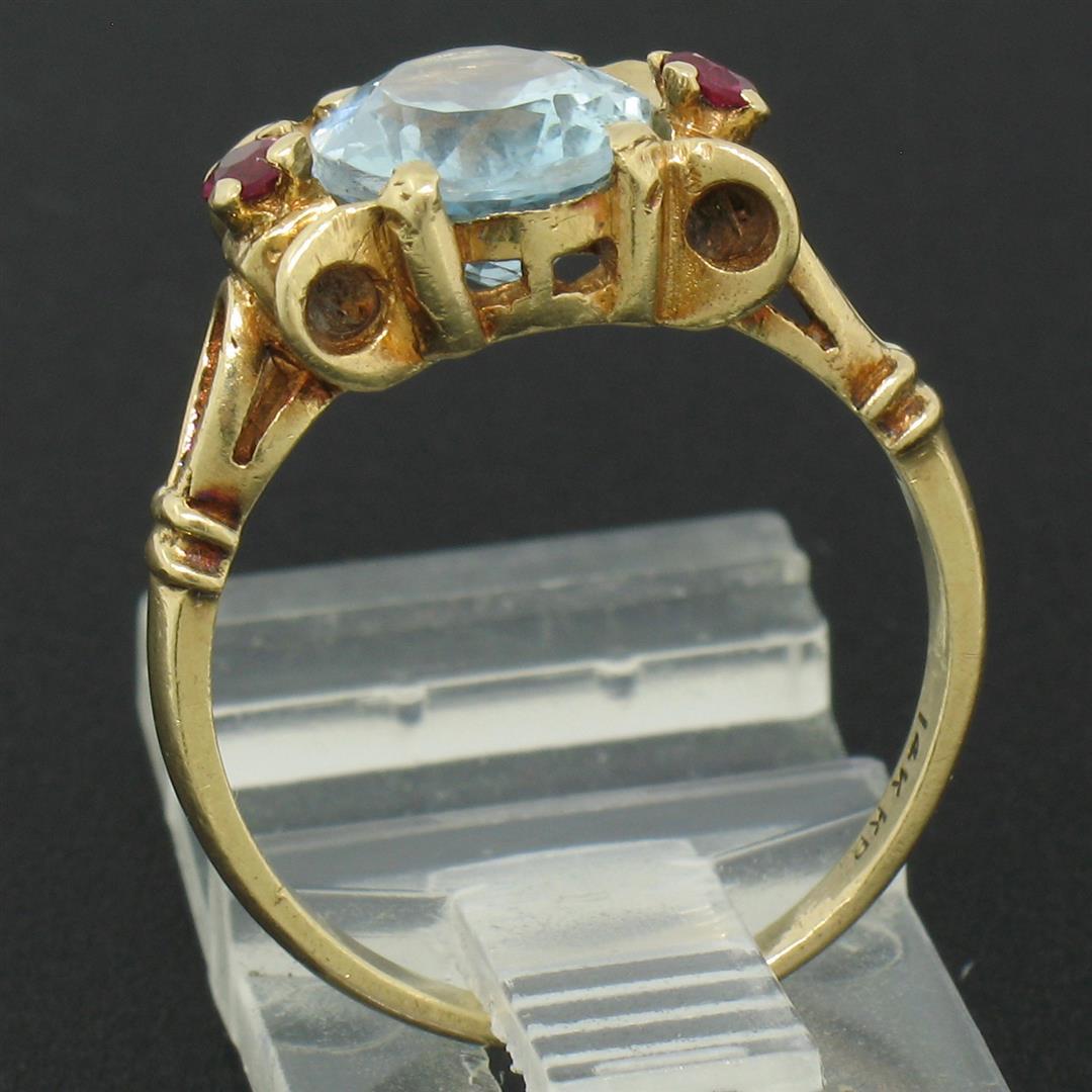 Retro 14k Yellow Gold 2.18 ctw Aquamarine Solitaire and Synthetic Ruby Ring