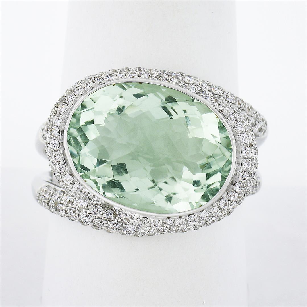 18K White Gold Oval Bezel Prasiolite Quartz & Pave Diamond Twisted Cocktail Ring