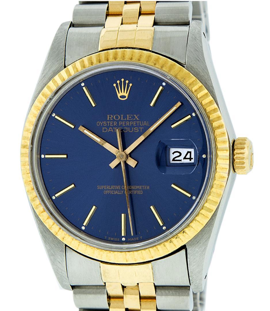 Rolex Mens 2T Yellow Gold And Steel Blue Index Fluted Bezel Datejust Wristwatch