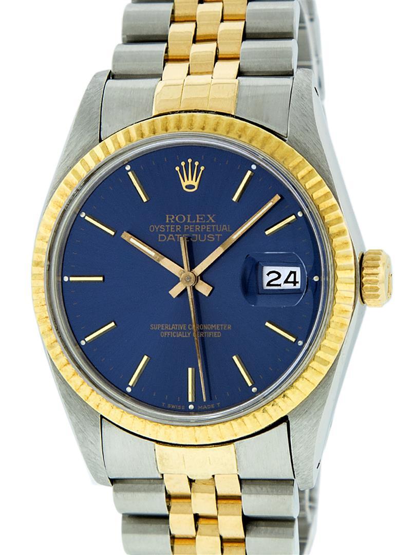 Rolex Mens 2T Yellow Gold And Steel Blue Index Fluted Bezel Datejust Wristwatch