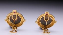 Pair of 18k Yellow Gold South Sea Black Pearl, Ruby & Byzantine Coin Earrings